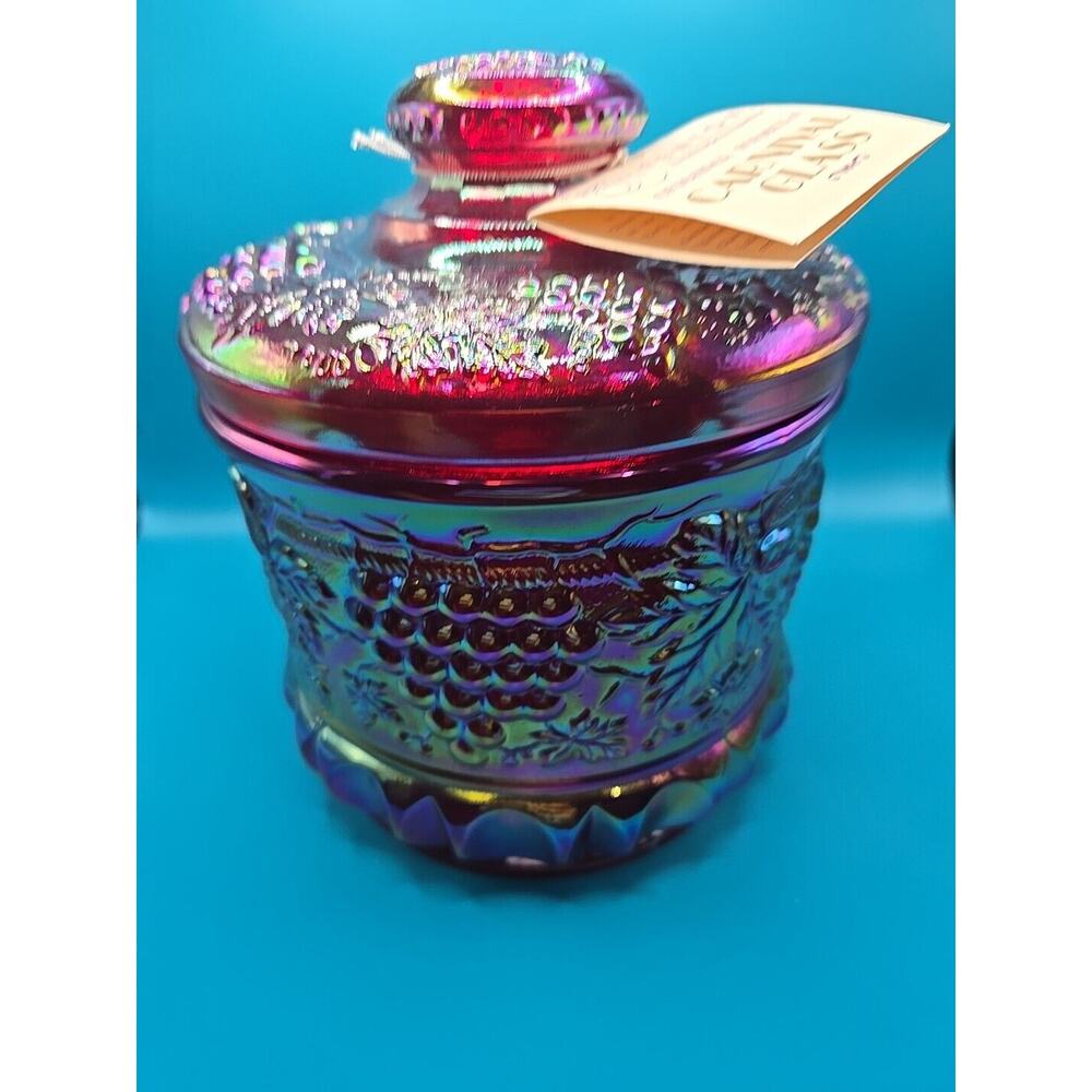 RARE FENTON CARNIVAL BLUE GREEN TOBACCO JAR GRAPES VINES ANTIQUE VINTAGE GLASS